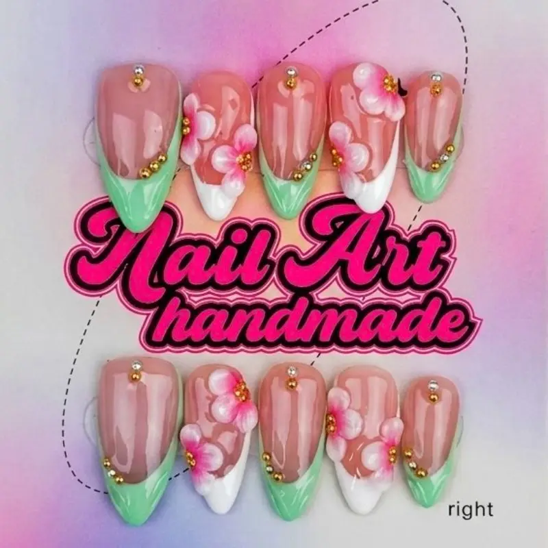 Delicatething Y2K Style Almond Nails, Handmade Wearable Nails, Beads, Tea French Design, Perfect for Parties, Includes Jelly Glue, Crystal Stick, Scrubber, Almond Shape Nails