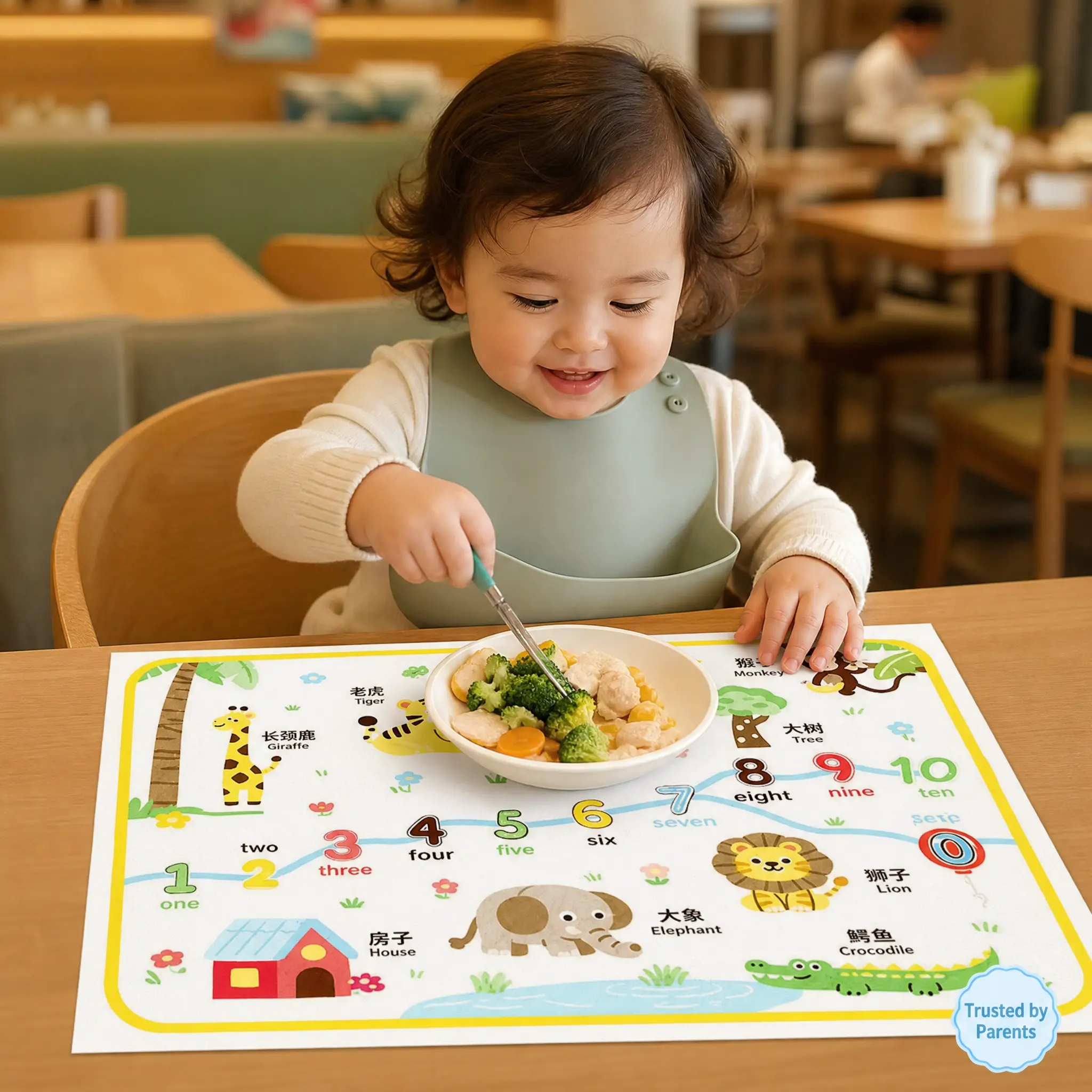 Babebay Single-Use Stick-On Placemats (20 Pack, 12x17 in Animal Alphabet Numbers), Table Pad Mat for Babies & Toddlers, Sticky Restaurant/Home Table Mats with No Cleanup