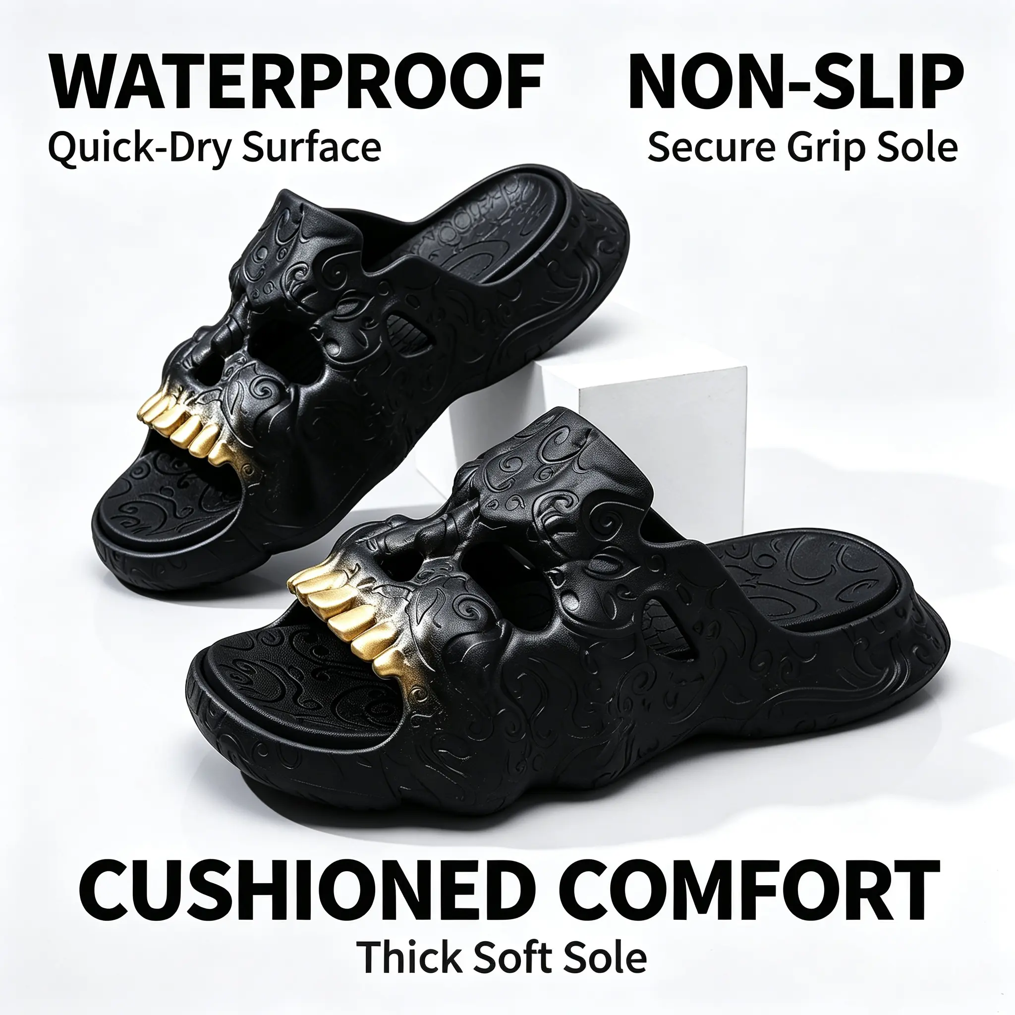Halloween 3D Skull Gold Teeth Platform Slippers, Goth Unisex Cushioned EVA Slides, Unique Non Slip Indoor Pool Sandals Tsinelas Boy Walking Shoes Walking Shoes Footwear Flipflop Fashion Flatform
