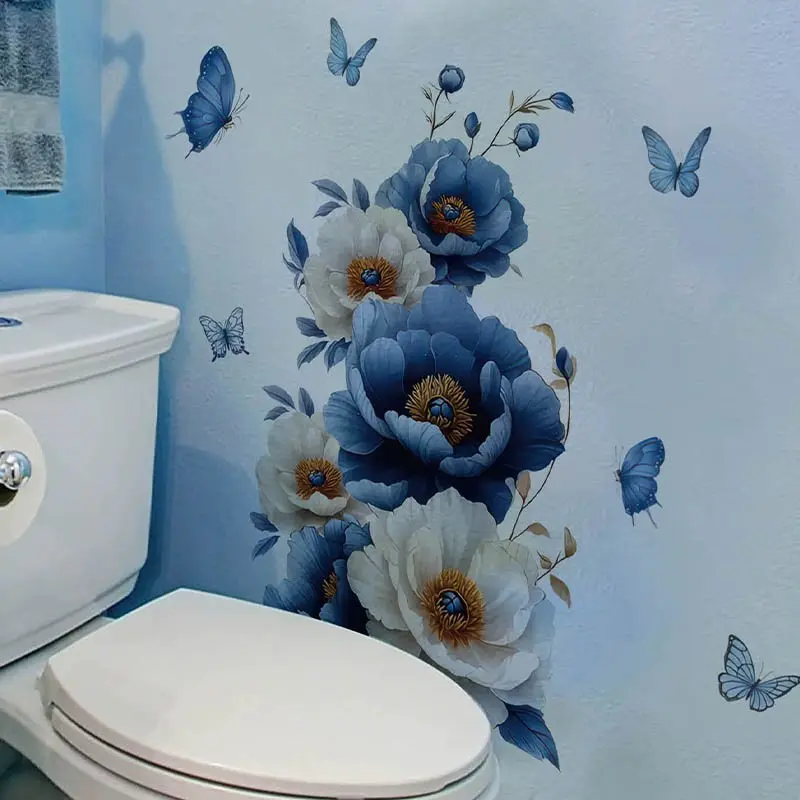 Blue Flower Decorative Wall Sticker, Floral Butterfly Plant Decor, PVC Self-Adhesive, Suitable for Bedroom Living Room Sofa TV Background Wall Decoration