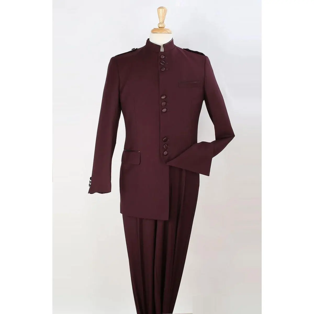 Mens Classic Military Banded Collar Mandarin Safari Suit in Burgundy