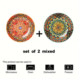 2pcs Bohemian Style Ceramic Dinnerware Set, 8-Inch Decorative Round Plates, Microwave Safe, Vibrant Floral Design, Easy to Clean, Boho Colourful Tableware
