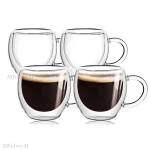 4-Pack 2.5 Oz Small Espresso glass With Handle Set of 2,Clear Espresso Shot Cups/ Coffee Mugs, Double Wall Insulated Coffeecup,Tazas de Cafe Expreso,Microwave Dishwasher Safe,Suit for Espresso MachineVelvet Bloom15AAVelvet31