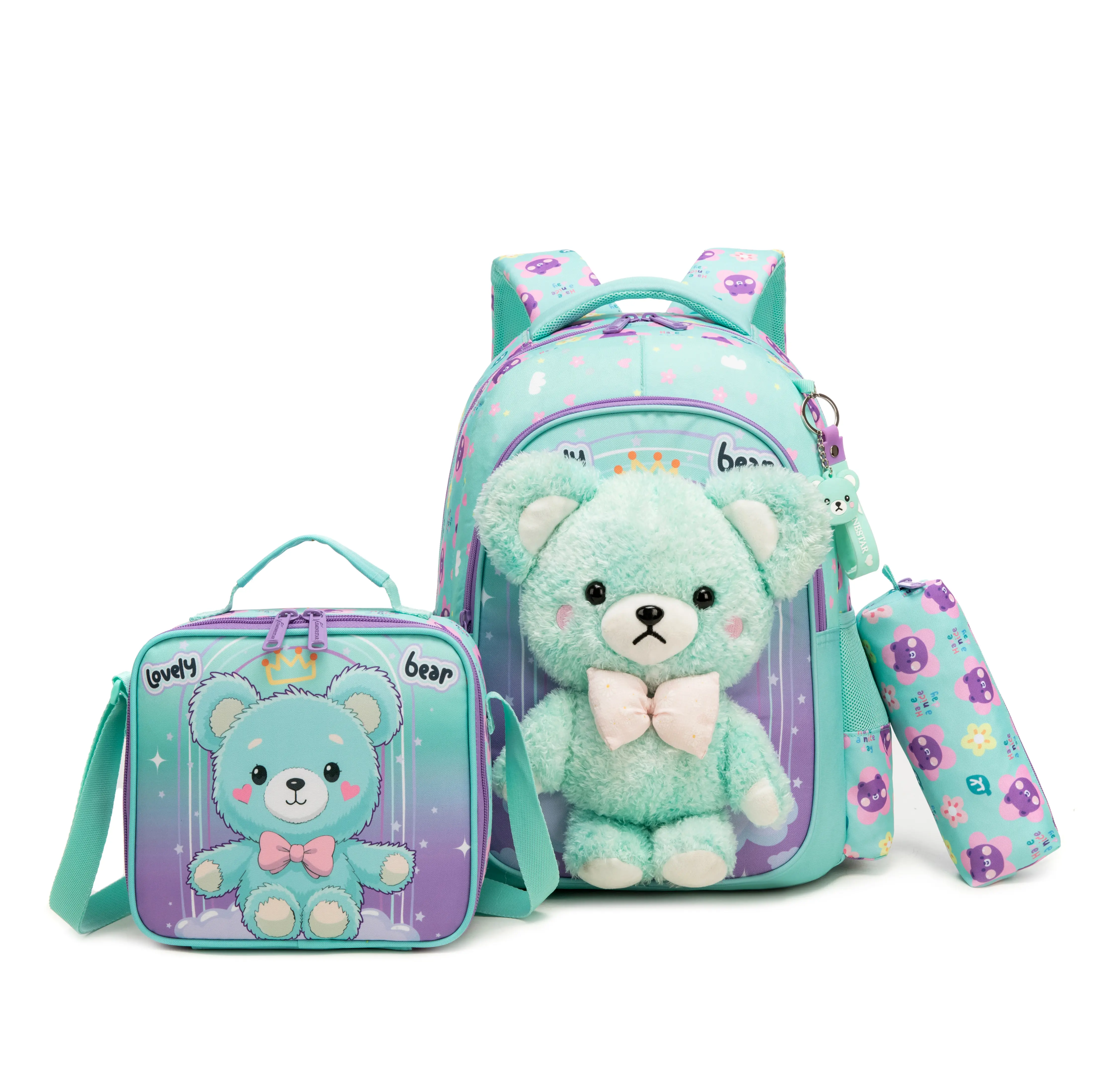 Elementary School Girls' 3D Plush Mint Bear Kids Backpack Set - Adjustable Cartoon Character School Backpack, Floral Allover Print, Matching Insulated Lunch Bag, Pencil Case, Ergonomic Padded Straps, Backpacks For Girls, Animal bookbag