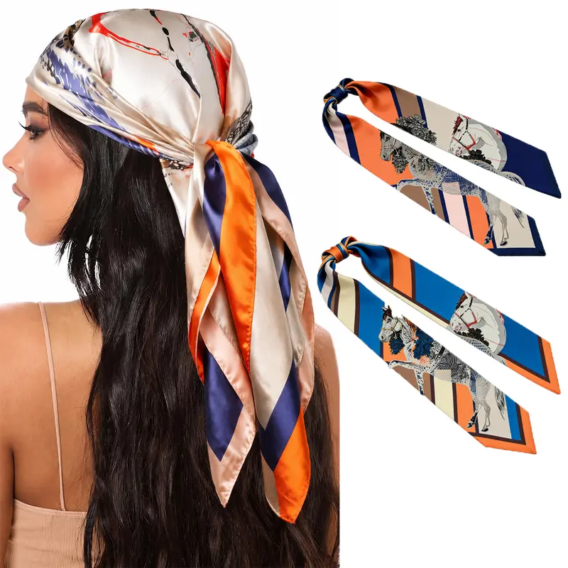 Ladies' 2-Piece Polyester Satin Fabric Shawl Wrap Set, 35x35in Large Silky Versatile Headscarf for Hair, Solid Shawl for Driving & Cool Evenings (Random Colors, Ideal for Friends, Girlfriend, Wife)