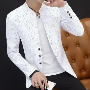 Men's printed small suit men's Korean style slim stand collar Zhongshan suit casual suit thin jacket youth Blazer Classic Formal Menswear Long Sleeve Jeans Shirts Basic Day Sporty