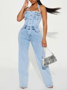 Stay Around Denim Jumpsuit - Light Wash