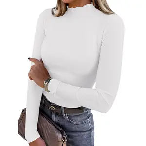 ANRABESS Women's Lettuce Trim Mock Neck Long Sleeve Tops 2025 Casual Dressy Ribbed Knit Slim Fit Tee Shirt Fall Layer Outfits