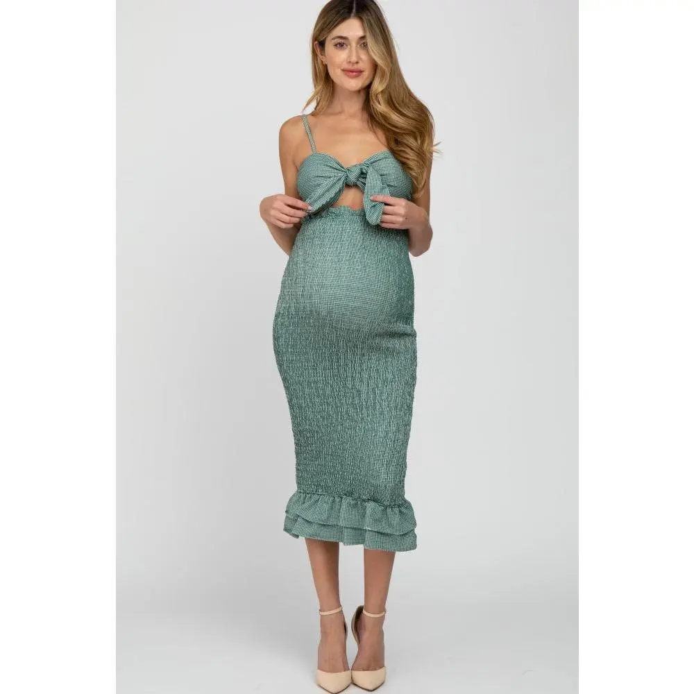 Women's Maternity Green Gingham Print Smocked Bodice Self-Tie Fitted Midi Dress - Breathable Maternity Wear, Bust-Flattering Bump-Friendly Baby Shower Outfit, Dress the Bump Midi Length Attire