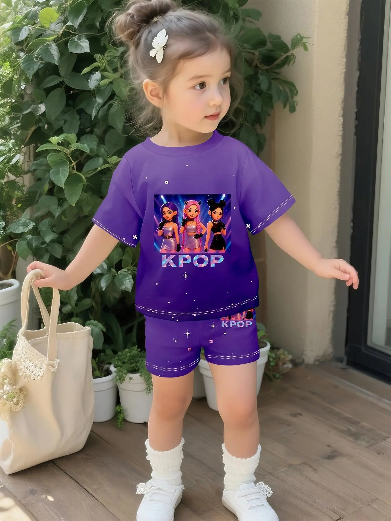 Purple baby girl's short-sleeve set with digital printing, Summer outfits set, Graphic Print Set, 100% polyester, suitable for daily wear, outdoor sports, gift for babies, Baby Clothes Girl, Clothes Sets, Clothes Kids