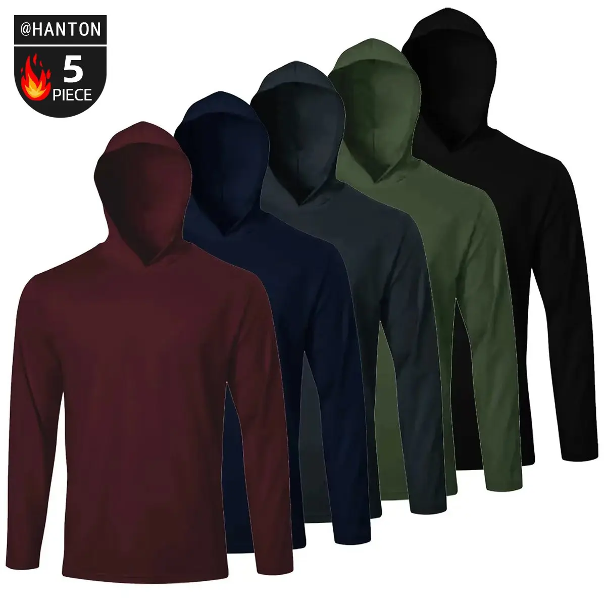 HANTON Men's 5-Pack Athletic Hooded Shirts - Long-Sleeve Sun Protection Lightweight Rash Guards, Athletic Apparel for Fishing, Gym Workouts,back to school,back to school shopping, Athletic Fitness Top, Gym Athletic Clothes