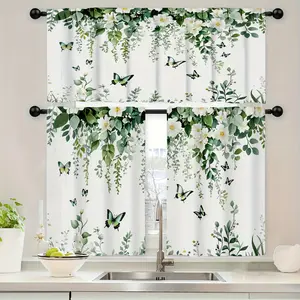2pcs Kitchen Curtains Featuring a Vintage Design with Green Leaves, White Flowers, And Butterfly Patterns. Includes Rod Pocket Valance And Tier Curtains, Perfect for Window Decoration in Kitchens, Cafes, And Living Spaces