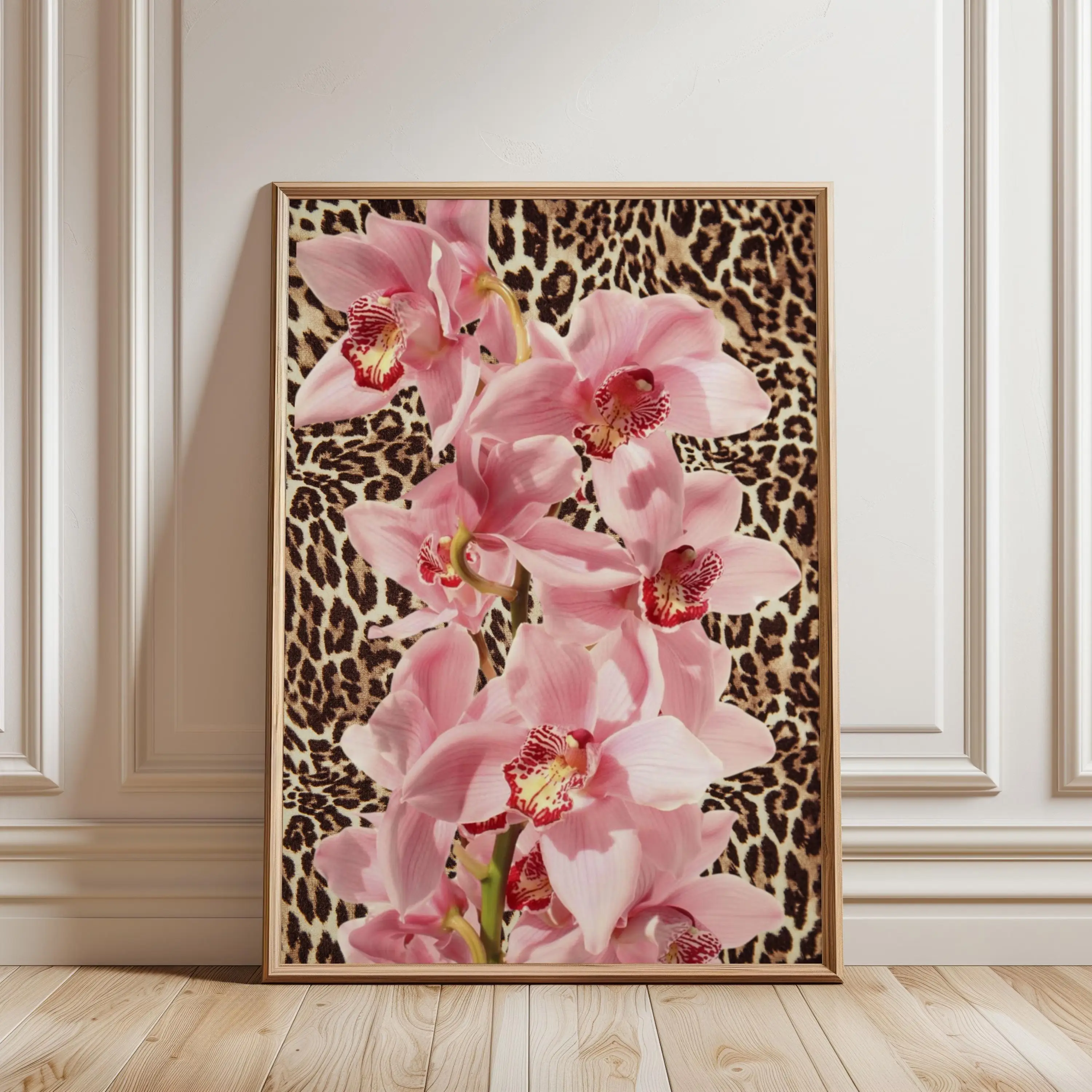 Pink Orchid Leopard Poster Floral Animal Print Wall Art Glam Aesthetic Decor Trendy UNFRAMED