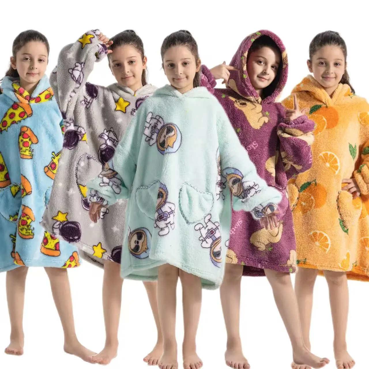 Kids Cute Space Sloth Print Sleepwear, Thick Warm Winter Robe, Comfortable Home Wear, One Size Fits All, Fluffy Robe