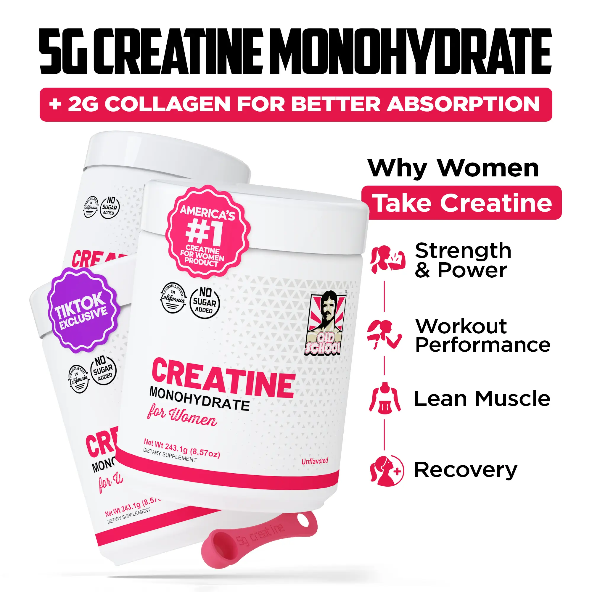 3 Pack Creatine Monohydrate for Women with Collagen and BCAA's - Fitness Supplement Powder for Muscle, Healthy Hair, Skin, Nails and Recovery