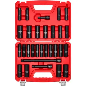 summervibes VEVOR 1/2 in Drive Impact Socket Set, 29 Piece, 6 Point Deep Impact Sockets, SAE (3/8 to 1 inch) and Metric (10 to 24 mm) Sizes with Extension Bars (3, 5, 10 in), Cr-V Steel, Heavy Duty Carrying Case, Deep Sockets