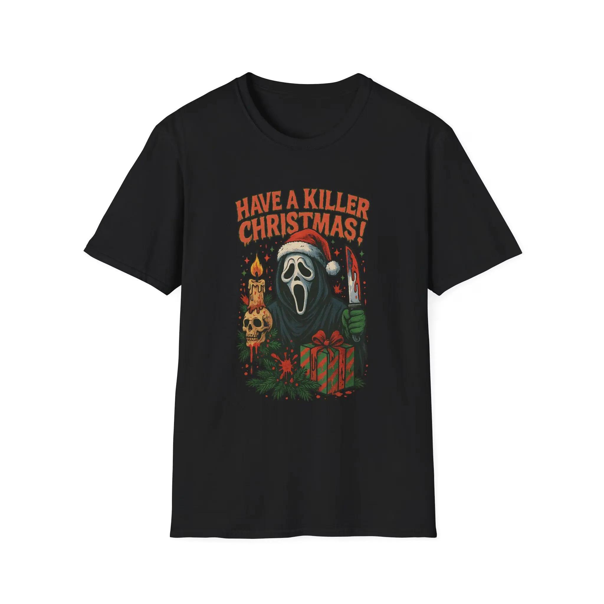 Ghostface X-Mas T-Shirt - Have a Killer Christmas! | Christmas Horror Tee, Halloween Party Shirt, Santa Graphic Tee, Christmas Horror Gift – Retro Graphic Unisex Tee (Soft Cotton) Top Casual Streetwear Crewneck Womenswear