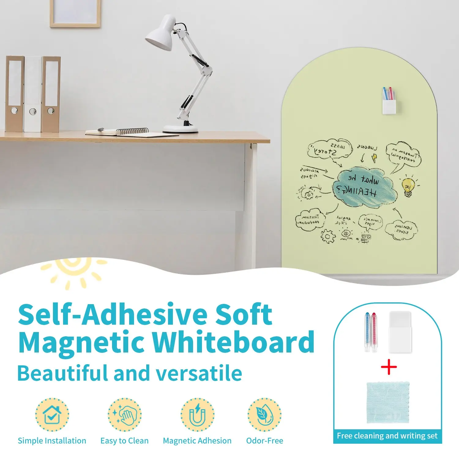 Multi Functional Magnetic Board, Quick Adhesive Installation, Self-Adhesive Soft Magnetic Whiteboard, Rewritable Message Board, Includes Storage Box & Crayons, 50x90cm
