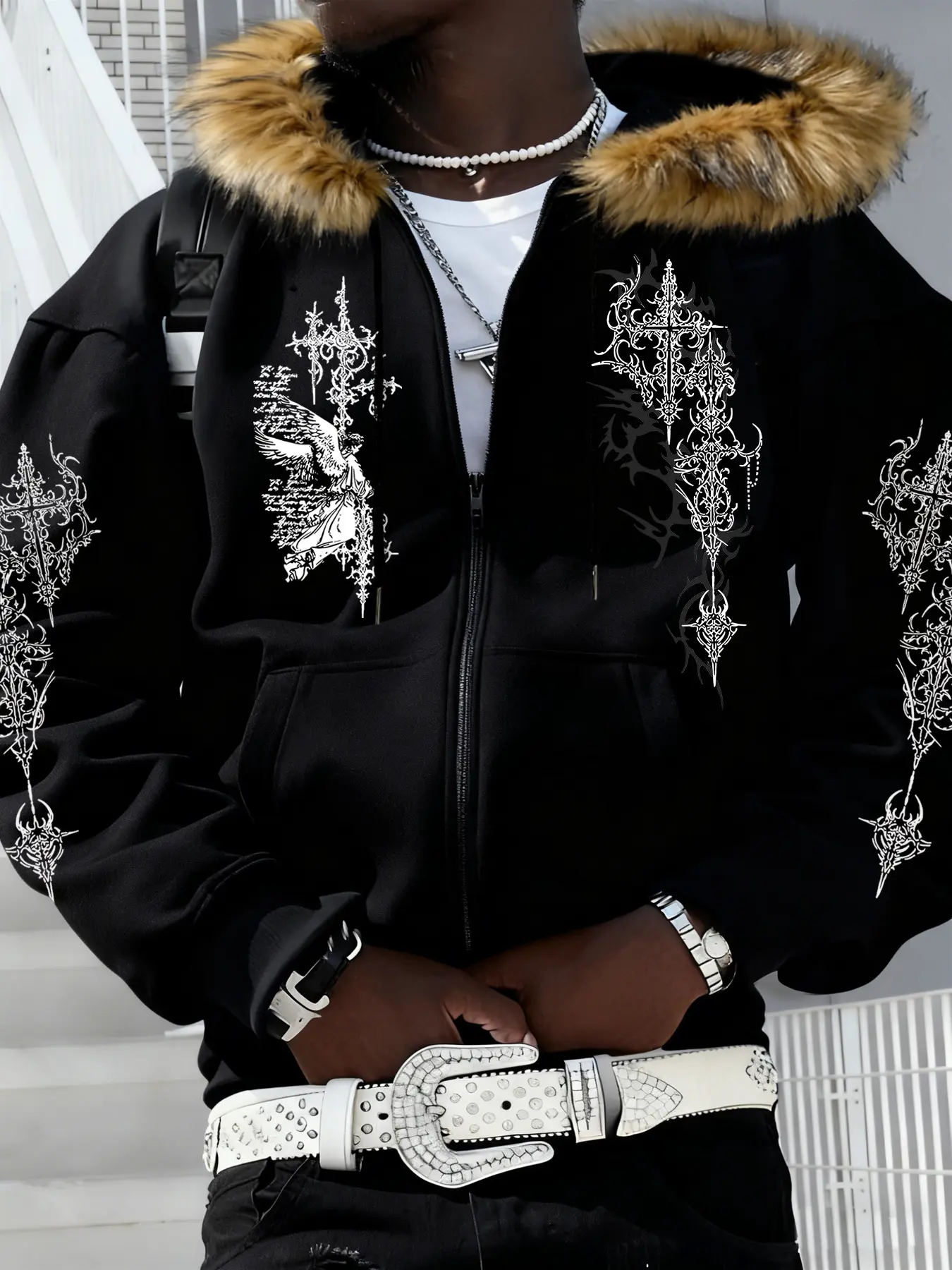 Men's Zipper Hoodie with Fur Collar, Angel Pattern Print, Casual Loose-Fitting Sweatshirt, Durable Fabric, Fall & Winter Wear, Fall Winter Clothing, Casual Hoodie Pullovers