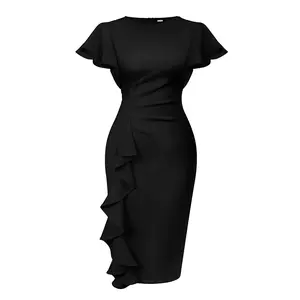 OYS Women's Vintage Church Ruffle Sleeve Ruched Bodycon Work Midi Pencil Dress