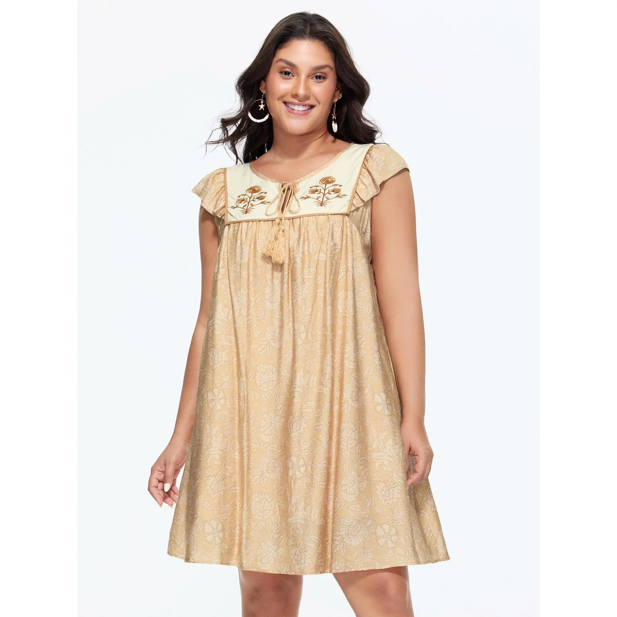 BloomChic Women's Plus Size Bohemian Floral Embroidered Maxi Dress with Tasseled Tie-Neck, Cap Sleeves, and Pockets