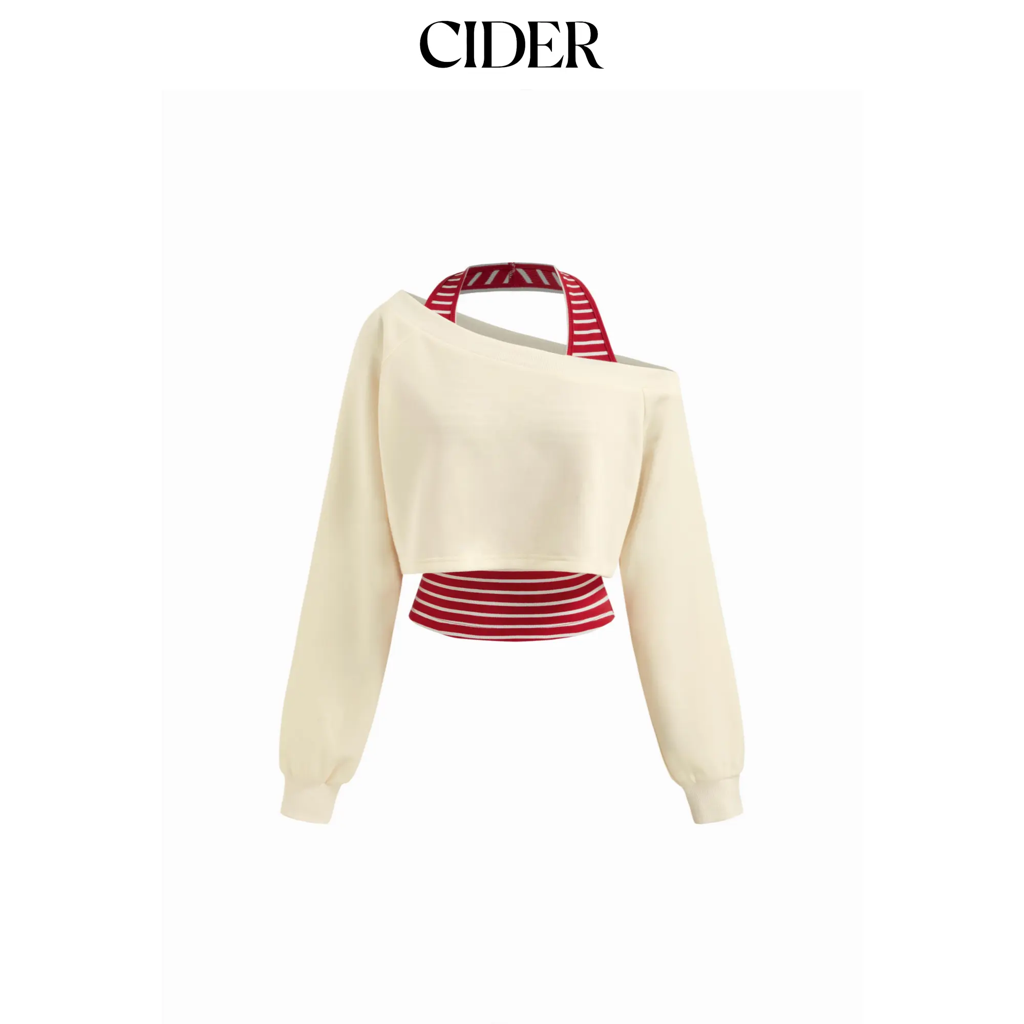 Cider Two Piece Terry Asymmetrical Neck Crop Sweatshirt With Striped Tank Top