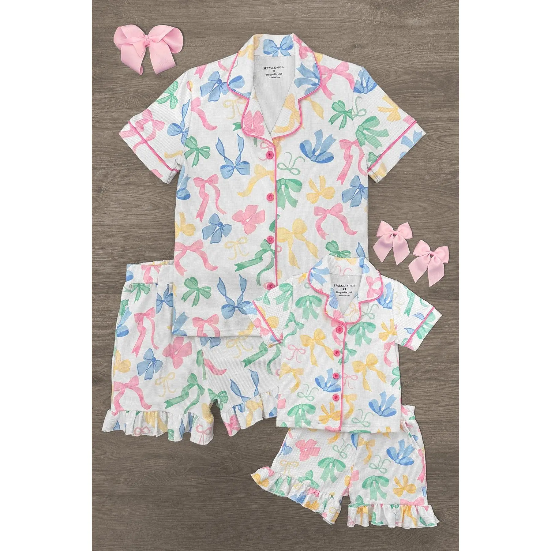 Mom & Me - Pastel Bow Waffle Knit Pajamas Mom & Me - Pastel Bow Waffle Knit Pajamas