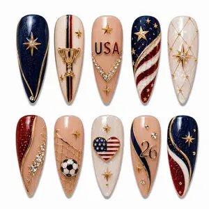 Handmade USA Soccer Trophy Press On Nails – Red White Blue Glam Set- 250th Anniversary USA