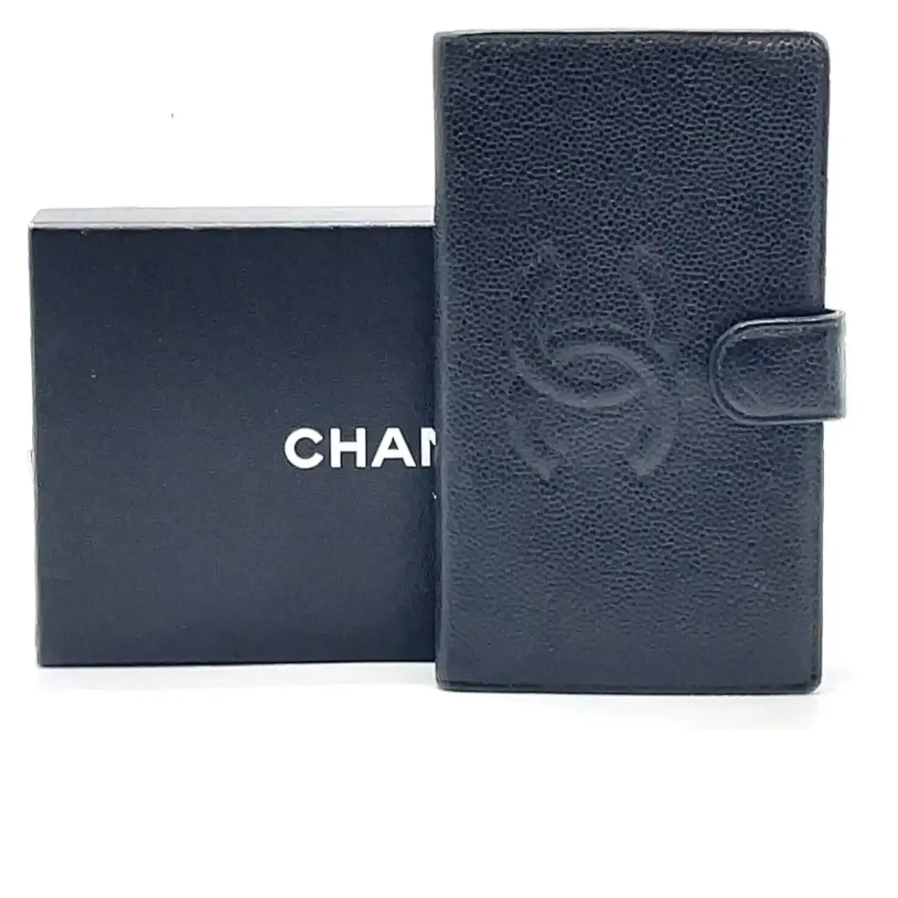 Pre-owned CHANEL Caviar Bag Accessories Black Leather Coco mark Bi fold Wallet W/Box