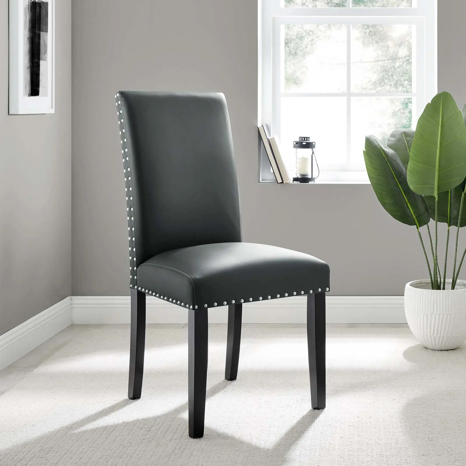 Modway Parcel Modern Upholstered Armchair - Gray PU Leather Single-Seat Indoor Dining Side Chair, Finely Upholstered with Nailhead Trim, Lounge Room Use, 285 lbs Weight Capacity