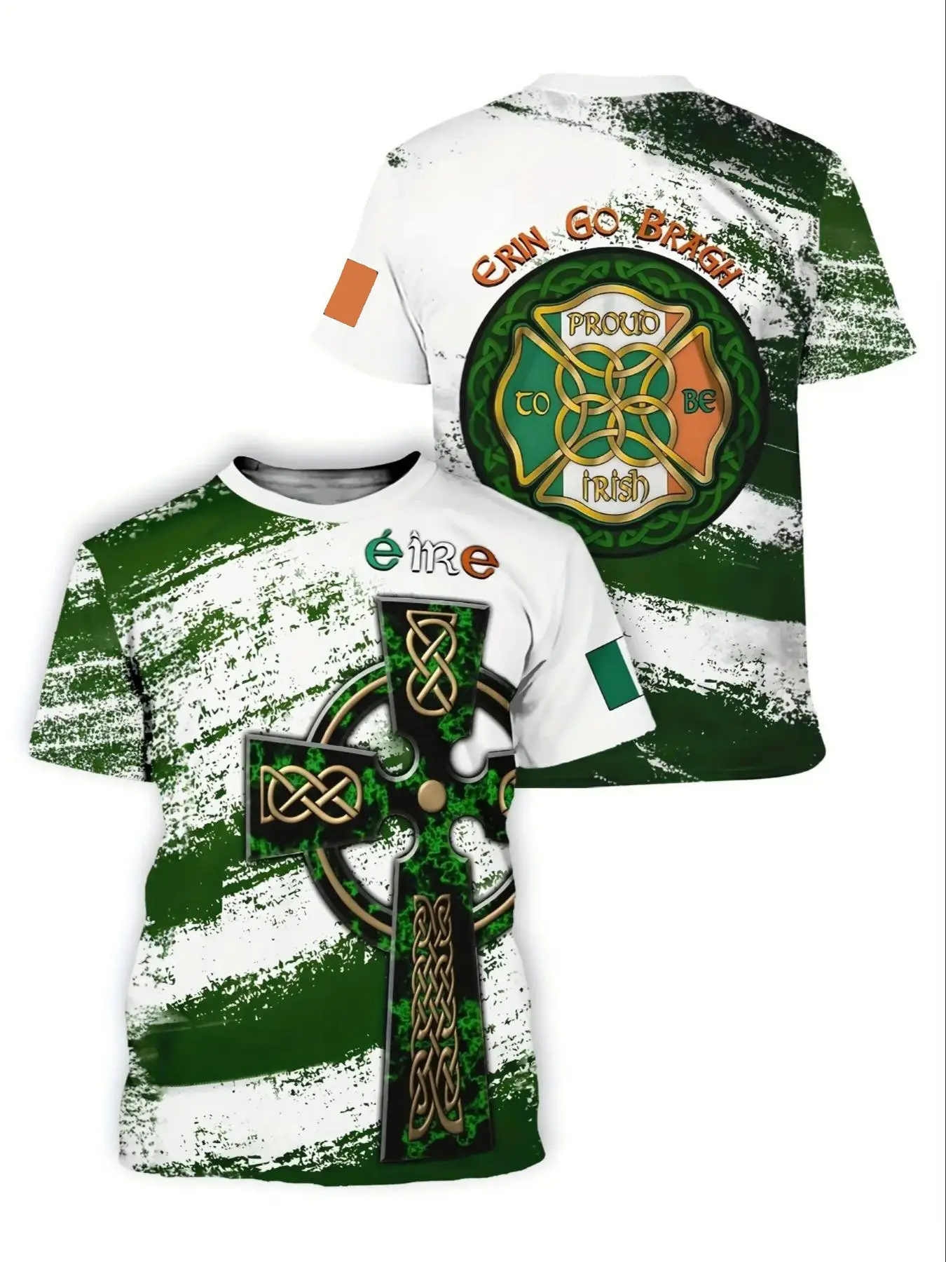 2026 Men's Celtic Cross Ireland Traditional Ethnic Cultural T-Shirt, & Full Body Celtic Knots Clover Print, Irish Flag Colors Casual Tee
