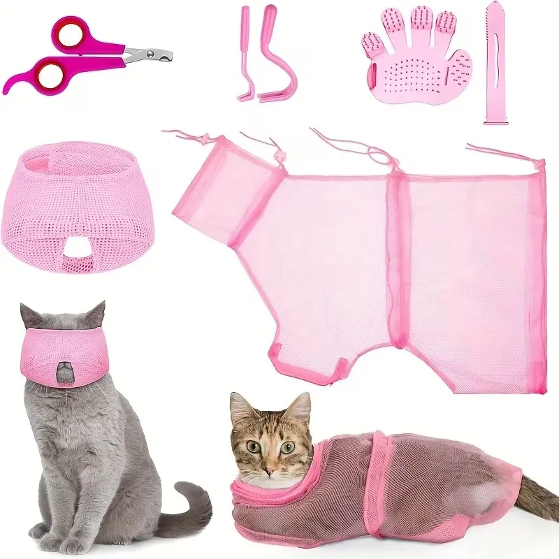 Pink Cat Grooming Bundle - 6 Adjustable Bathing Bags, Pet Shower Muzzles, Nail Clippers, Tick Removal Tool, Massage Net (Battery-Free)