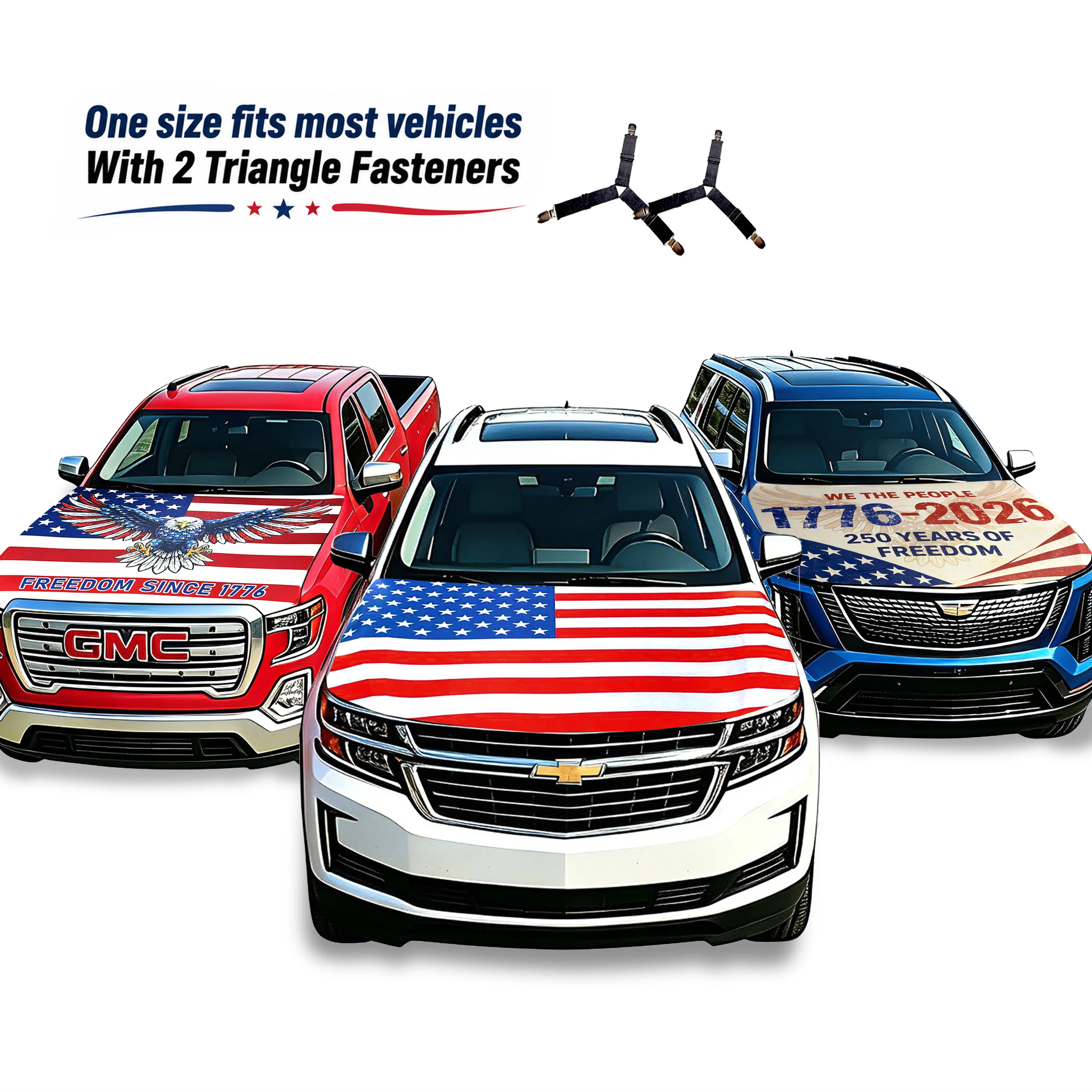 American Flag Car Hood Cover With Dual Triangle Clips Fits Trucks SUVs Sedans Jeep Commemorative Edition for Memorial Day Independence Day Celebrating 4th of July - Vehicle Exterior Decoration Sticker For Cars Stylish Car Merch