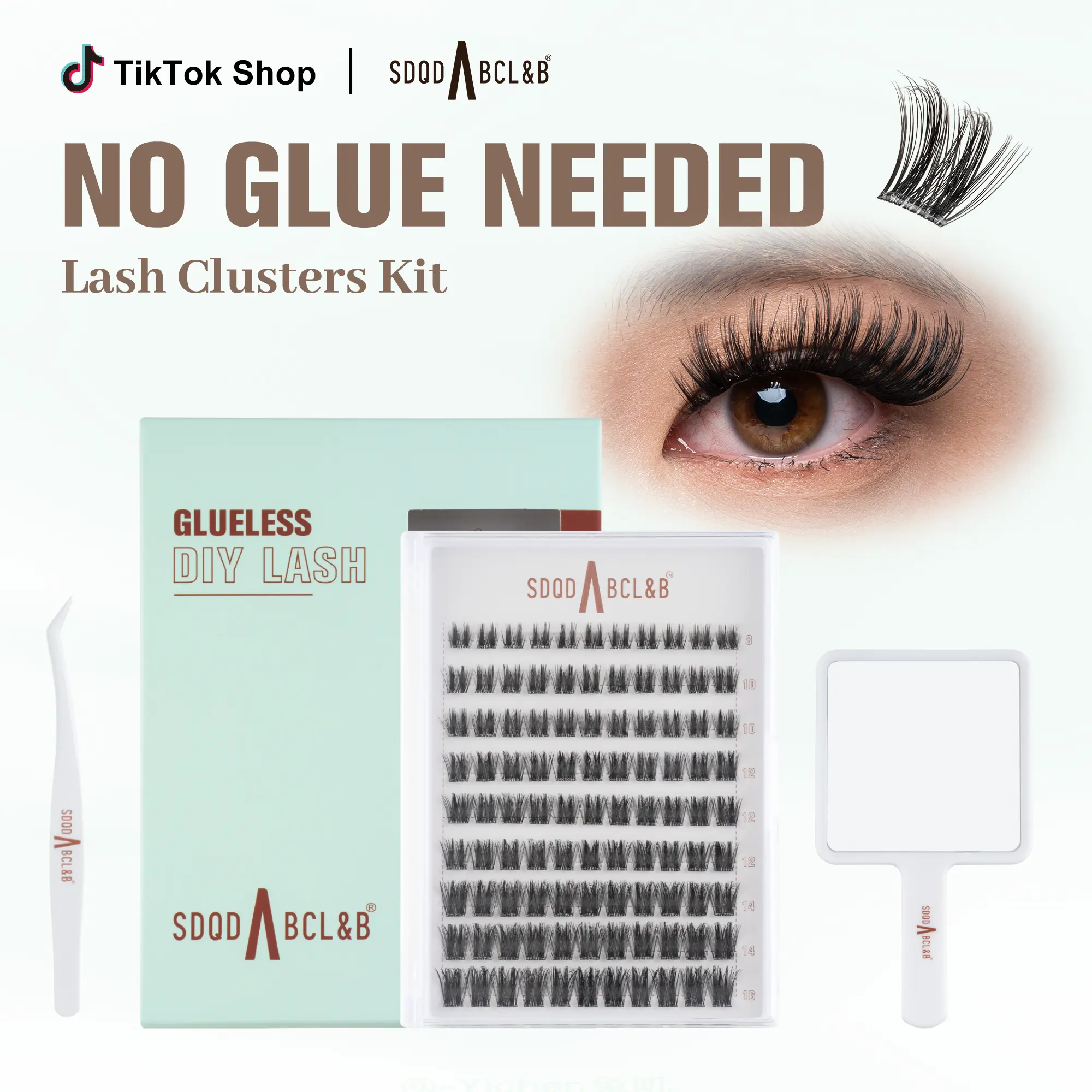 [Hottie] Self-adhesive wispy lashes – D curl DIY eyelash extension kit with tweezers and handheld mirror, lightweight airy feel press-on lashes, no glue needed, easy makeup application, waterproof and sweat-resistant for all-day wear