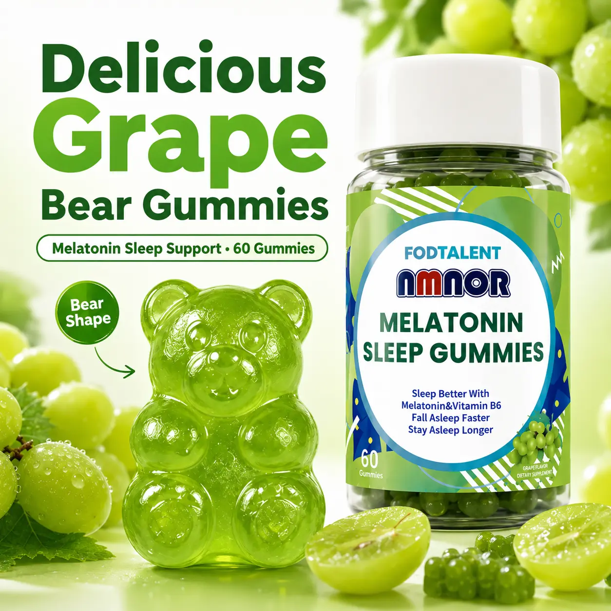 NMNOR Chewable Grape Bear Melatonin Gummies for Adults – 6 mg per Serving, 60 per Bottle, Vitamin B6, Gluten Free, GMO-Free, 24-Month Shelf Life, Calm Sleep Support, FDA Registered, Supplement & Bedtime Routine Support