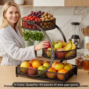 A Three-Tiered Fruit Basket for The Kitchen, Designed for Farmhouse Style Storage, Featuring Side Hooks for The Counter, a Removable Metal Stand for Bread, Fruits, And Vegetables, Available in Black And White, Shelf Baskets