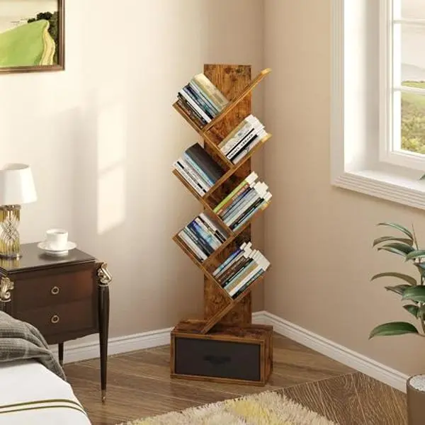 7 Tier Bookshelf with Drawer, Tree Bookshelf, Small Bookshelves with Storage Rack for CDs/Movies/Books, Standing Book Shelf, Tall Narrow Bookcase for Living Room, Bedroom, Rustic Brown