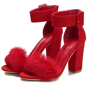 Faux Fur Fluffy Feather Open Toe Ankle Women Chunky Heel High Heel Sandals Straps Fashion Wedding Party Sexy Dress High Heels