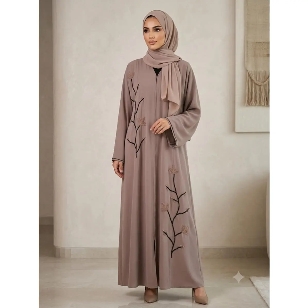 Luxury Blush Pink Hand-Embroidered Abaya