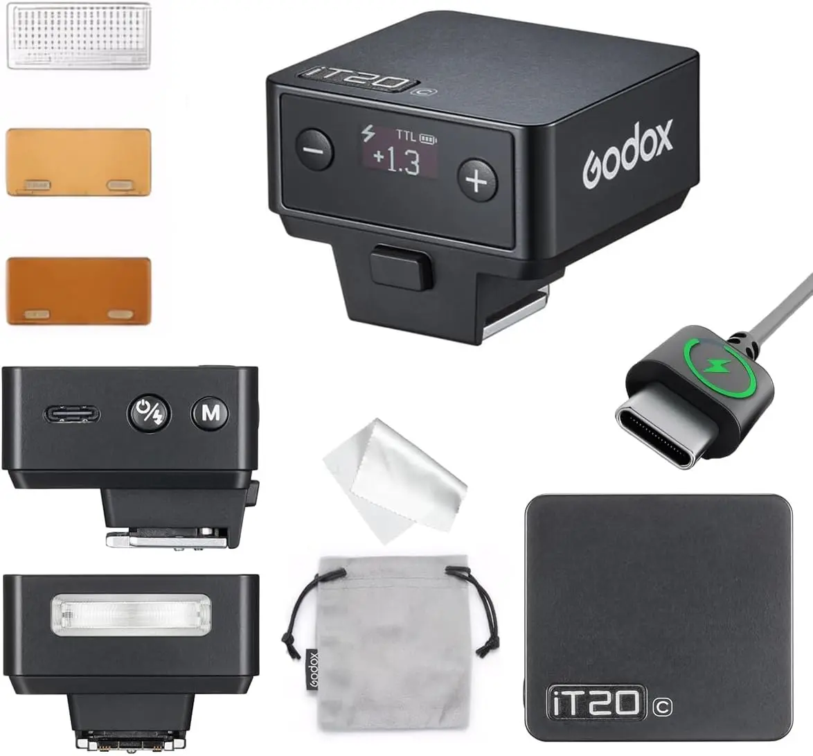 GODOX iT20 Mini Camera Flash, TTL & Manual Modes, Compatible with Sony Canon Nikon Fujifilm Olympus Panasonic, 7.4V 300mAh Battery, 1.5s Fast Recycle, ±1/3 Power Increment, Hot Shoe Triggering, Includes Spreader & Color Filter Photographic Kit, Automatic,