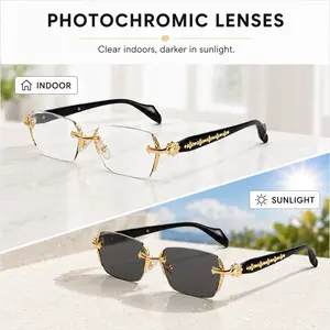 Photochromic Glasses for Men Women, Blue Light Blocking Rimless Computer Glasses, Color Changing UV400 Eyewear