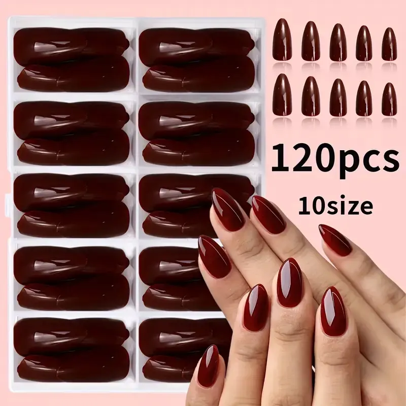 120Pcs Press on Nails Almond Shape Nails, Red Medium Almond Fake Nails, Glossy Burgundy Reusable Artificial Nail Kit, Nail Art Supplies for Women Girls Kids, Nail Art Design, Press on Sets, Decorative Nails