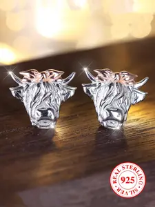 925 Sterling Silver Cute Bull Head Design Earrings, Pretty Studs, Punk Style Jewelry for Party, Daily Clothing Decor for Girl, Trendy All-match & Exquisite Jewelry for Gift