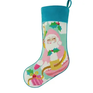 212 MAIN Yarn-Embroidered Needlepoint Christmas Stocking, 11x18 in Papa Noel Design, Machine-Washable Home Holiday Decorations Festive Supply