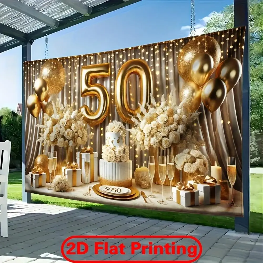 1pc Soft Durable Polyester 50th Anniversary 2D Flat Celebration Banner - Golden & White Backdrop with Balloons, Flowers, Sparkling Lights - Glam Indoor, Garden Ornament