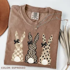 Comfort Colors Neutral Easter Bunny T-Shirt, Leopard and Checkered Pattern Graphic Tee, Cute Coquette Spring Shirt for Women, Soft Casual Easter Outfit