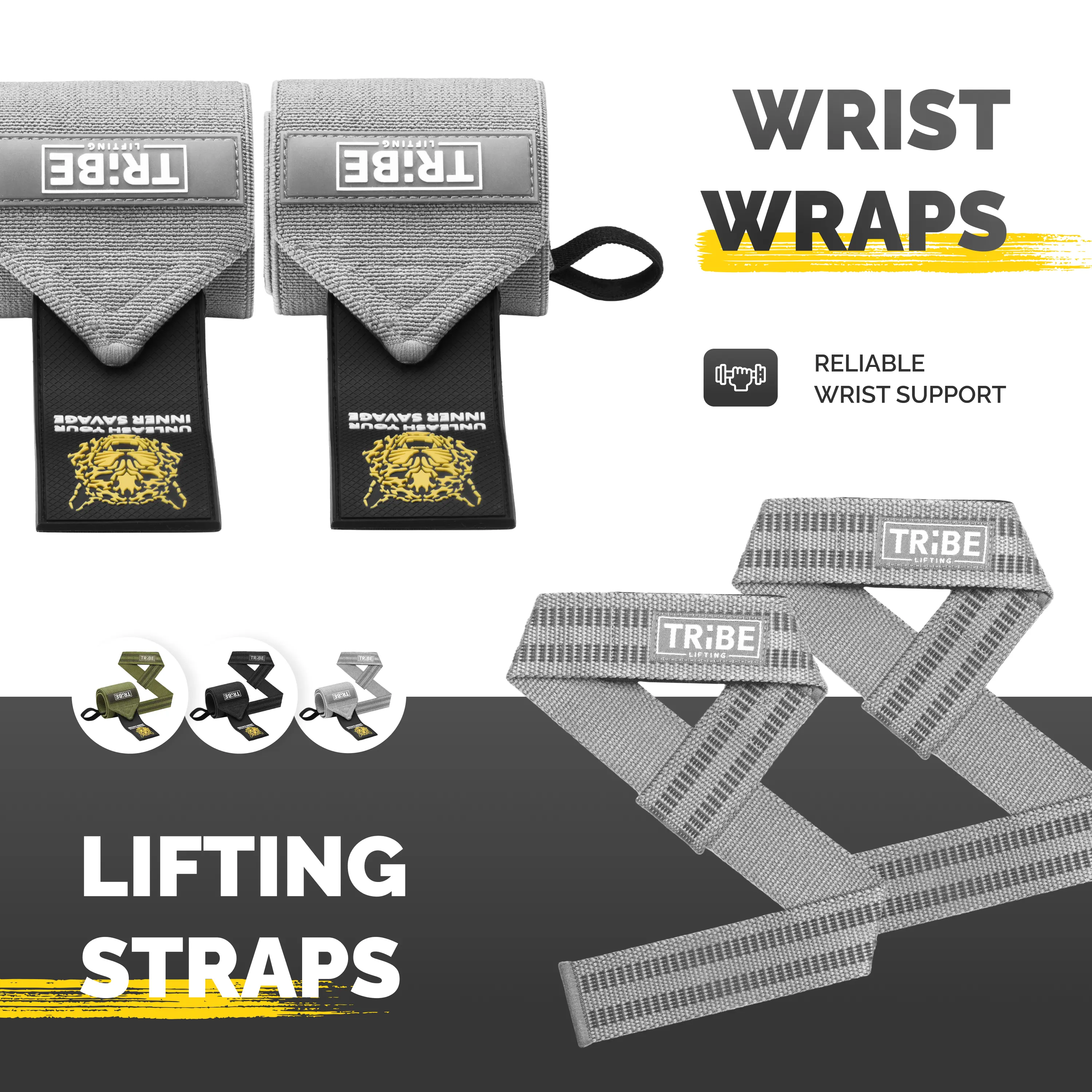 Tribe Lifting Heavy Duty Wrist Wraps and Lifting Straps for Men - Durable Gym Straps for Weightlifting, Deadlifting, and Grip Support