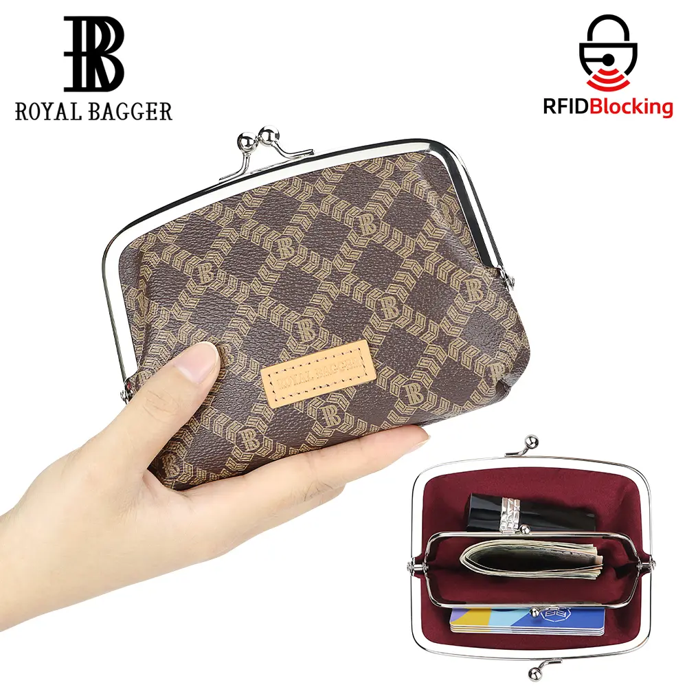 Royal Bagger Coin Purse for Women, Genuine Leather Fashion Clutch Wallet with Kiss Lock, RFID Blocking Card Holder, Clutch Purses Wallet, Durable Fashion Wallet