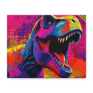 Vibrant Dinosaur Canvas Art Print, Colorful Wall Decor, T-Rex Artwork for Kids' Room, Great for Birthday Gifts, Playroom Decor