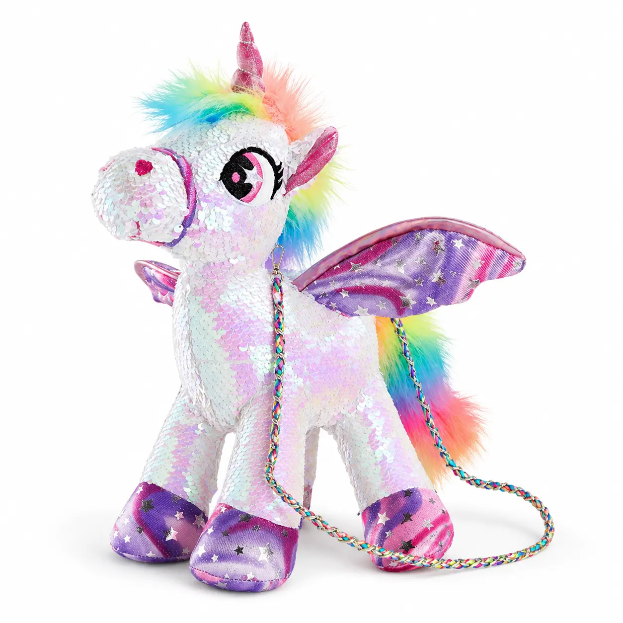 WEWILL 15" Sequin Unicorn Stuffed Animal Toy, Reversible Rainbow Sequin Plush with Hidden Pocket and Crossbody Strap, Gift for Girls